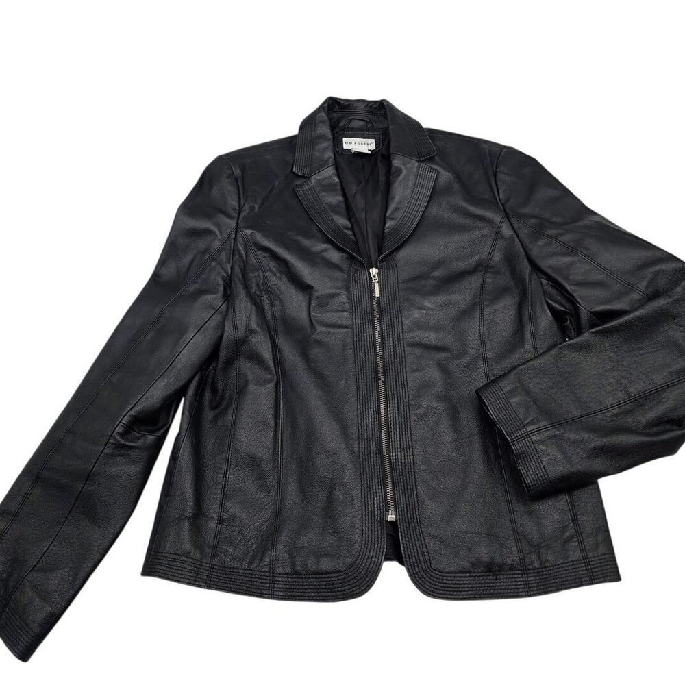 Biker Minimalist Leather Jacket Women M Black  ZipUp Notched Lapel Hipster Retro